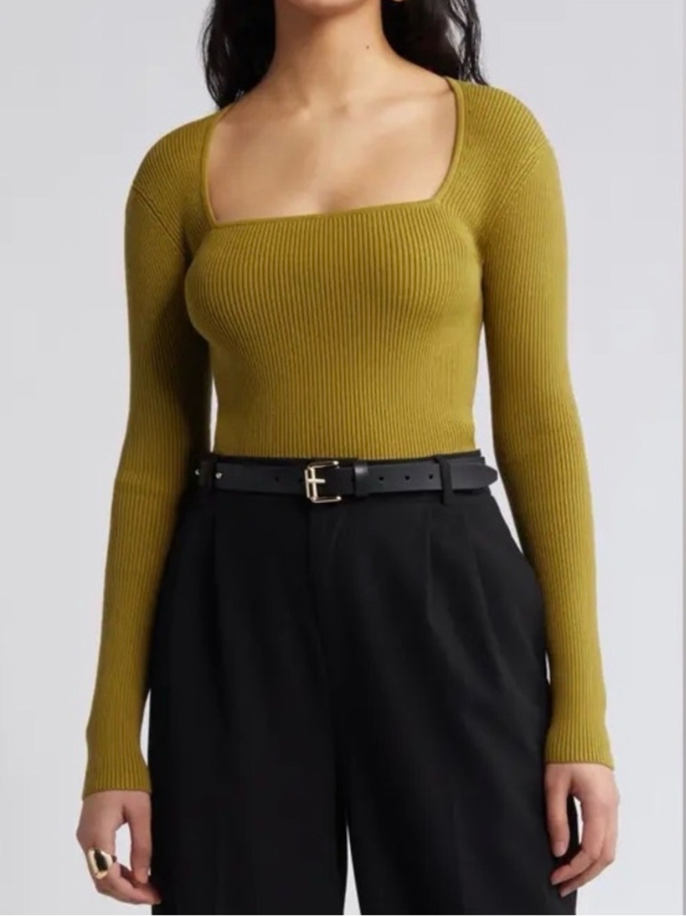 Open Edit Square Neck Ribbed Long Sleeve Top - Olive Green